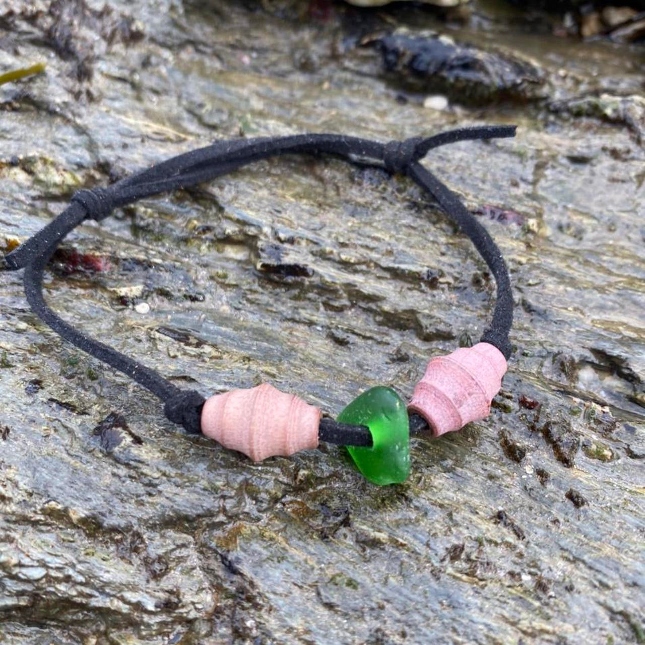Faux Suede Green Seaglass and Bead Bracelet - Fairy Cove, Devon