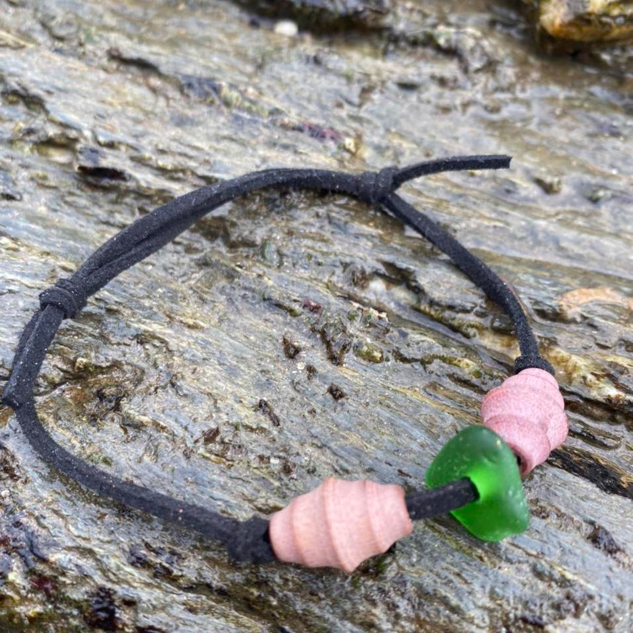Faux Suede Green Seaglass and Bead Bracelet - Fairy Cove, Devon